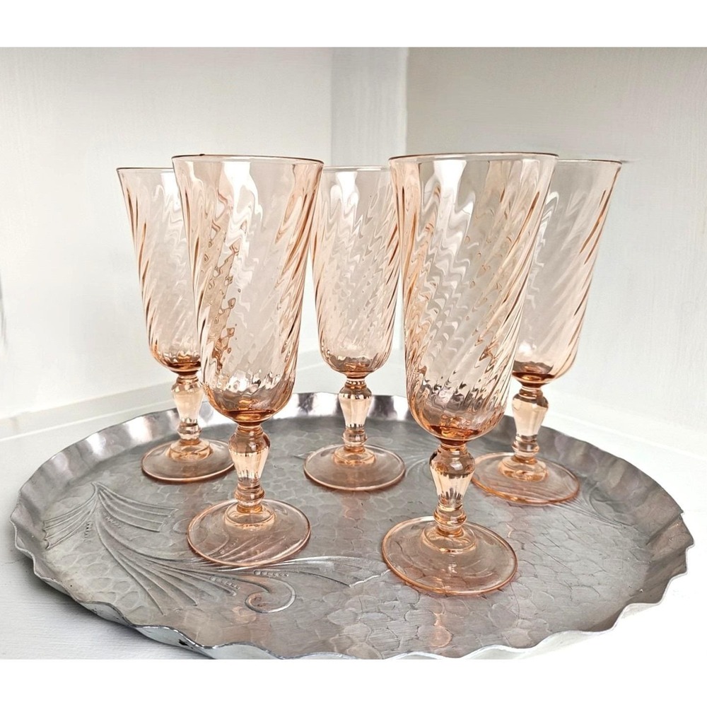 Vintage Rosaline Pink Champagne Flutes – Swirl Optic Design, Set of 5